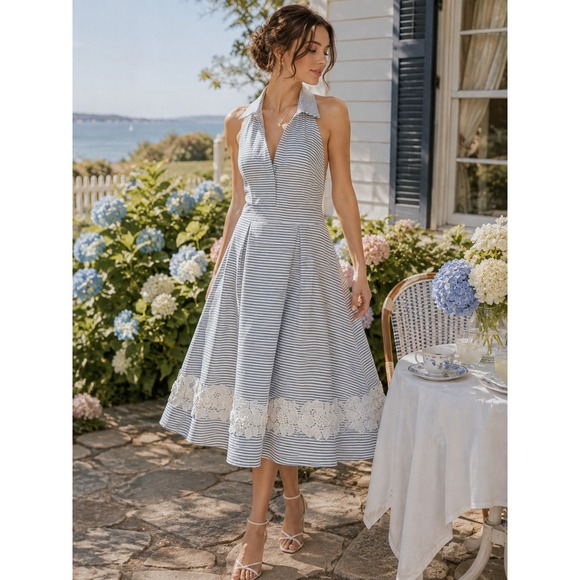 Eliza J Dresses & Skirts - VTG Eliza J Striped Halter Midi Dress Lace Coastal Cottagecore Sundress Size 12